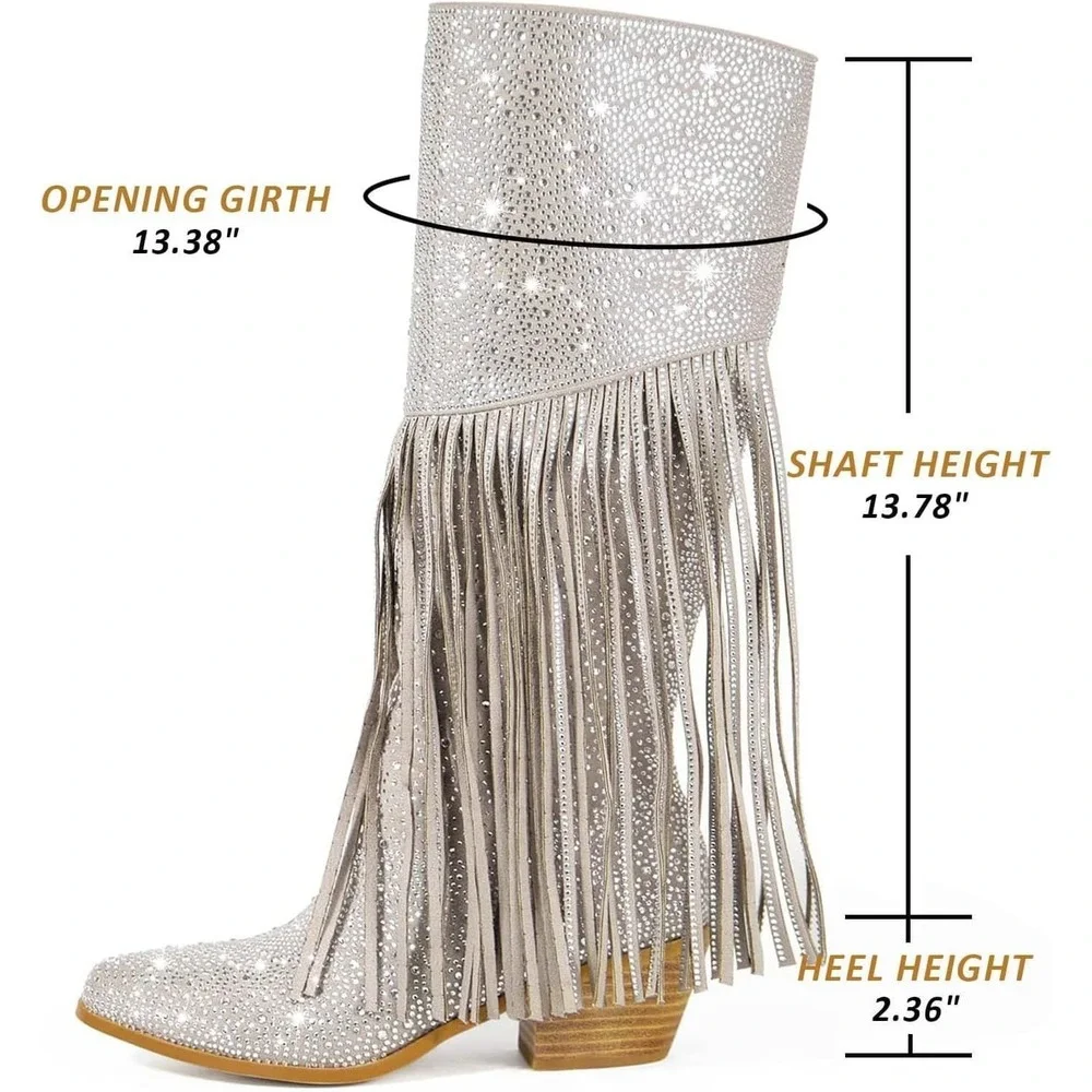Rhinestone Fringe Knee High Boots Silver Western Festival Size 6 New